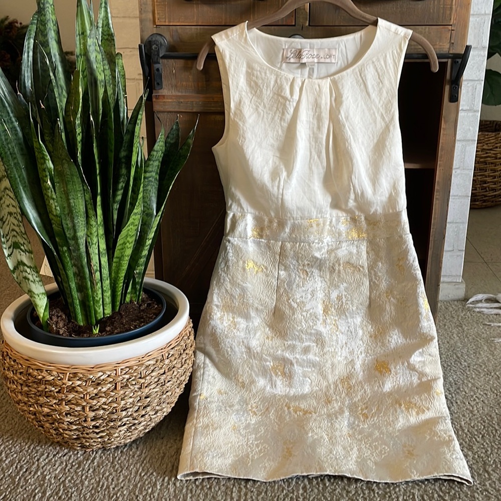 LOFT Ivory/Gold Brocade Dress